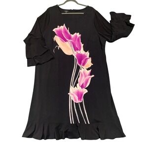 New Alfani Women's Dress Size 22W Black Tulip Floral Ruffle Sleeve Hem Career